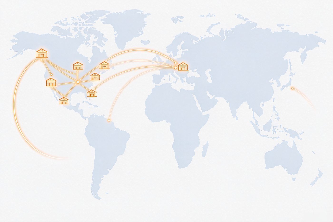 Logistics network map connecting warehouses across the United States and Europe