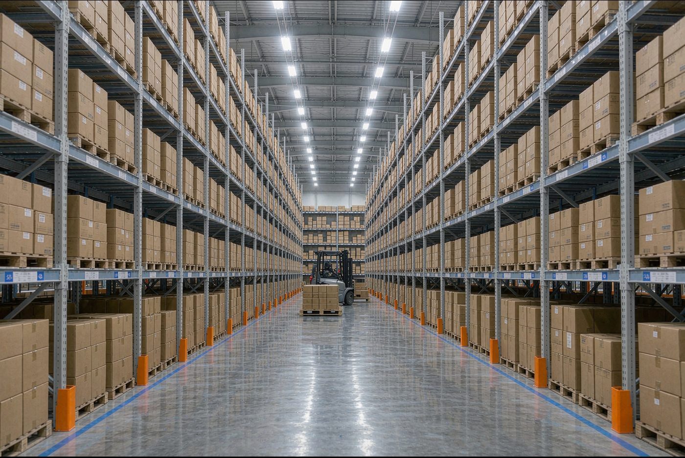 Modern overseas fulfillment warehouse with tall storage aisles